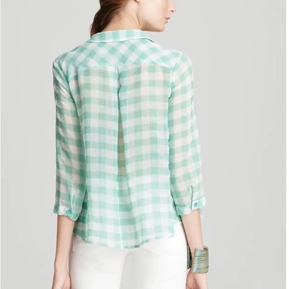 FREE PEOPLE Semi Sheer Gingham Blouse Button Up Top Green White High Low Small - Picture 2 of 12